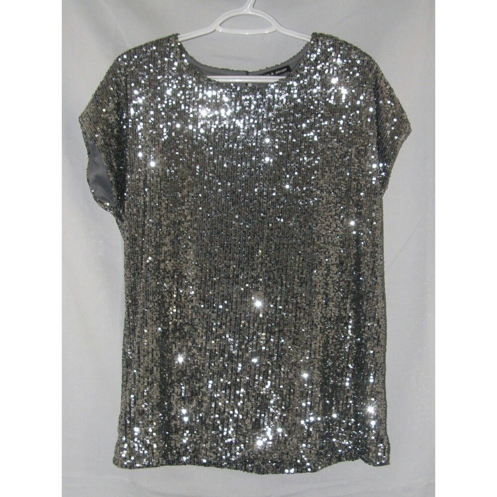 CABLE & GAUGE Sparkly Silver Sequined Sz Large Lined Christmas Holiday Blouse